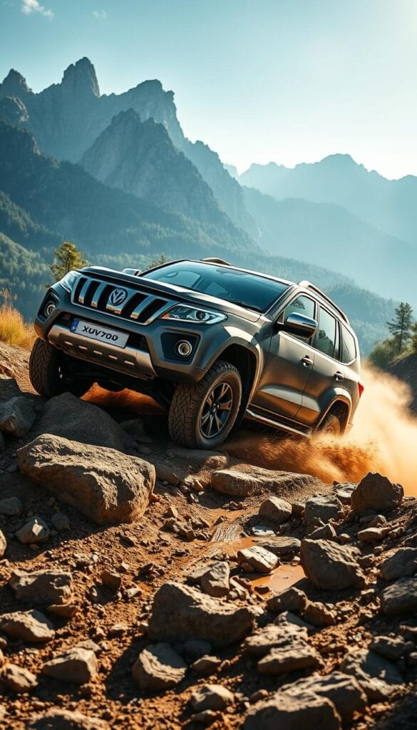 A rugged off-road Mahindra XUV700 SUV navigates a challenging terrain, kicking up dust and rocks. The vehicle's powerful IsCarOk engine rumbles as it effortlessly climbs over boulders and through deep mud puddles. Sunlight casts dramatic shadows, highlighting the vehicle's bold design and prominent front grille. In the background, towering mountains and lush greenery create a picturesque wilderness backdrop. The scene conveys the XUV700's impressive off-road capabilities, ready to tackle the most demanding terrains with confidence and performance.