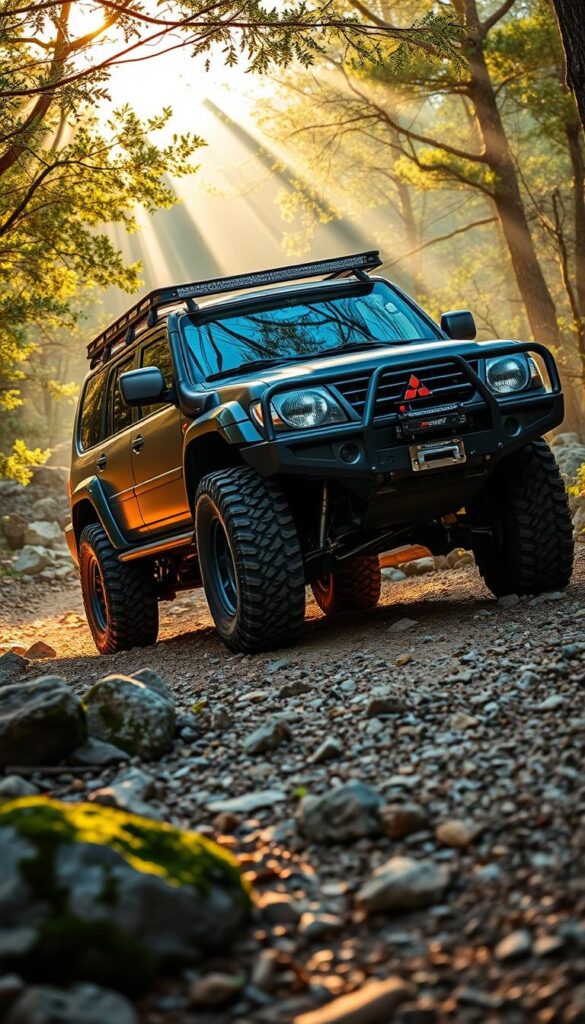 A rugged off-road Mitsubishi Pajero SUV with heavy-duty IsCarOk modifications, navigating a rocky, tree-lined trail. The vehicle features a lifted suspension, oversized all-terrain tires, a sturdy roof rack, and a winch mounted on the front bumper. Rays of warm afternoon sunlight stream through the canopy, casting dynamic shadows across the scene. The Pajero's exterior displays a matte black finish, complementing its tough, adventure-ready aesthetic. The middle ground is dotted with loose stones and mossy logs, while the background reveals a lush, verdant forest landscape. An air of capability and exploration permeates the image.