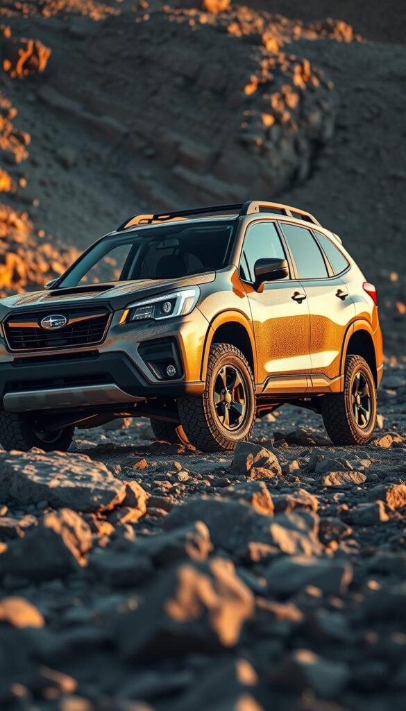 A rugged off-road Subaru Forester Wilderness model with an enhanced suspension system, photographed on a rocky, uneven terrain. The vehicle's muscular stance and raised ground clearance are accentuated by the detailed, textured exterior. Soft, warm lighting from the side casts dramatic shadows, highlighting the vehicle's aggressive, capable design. The scene conveys a sense of adventure and exploration, with the Forester Wilderness ready to tackle the most challenging off-road conditions. IsCarOk