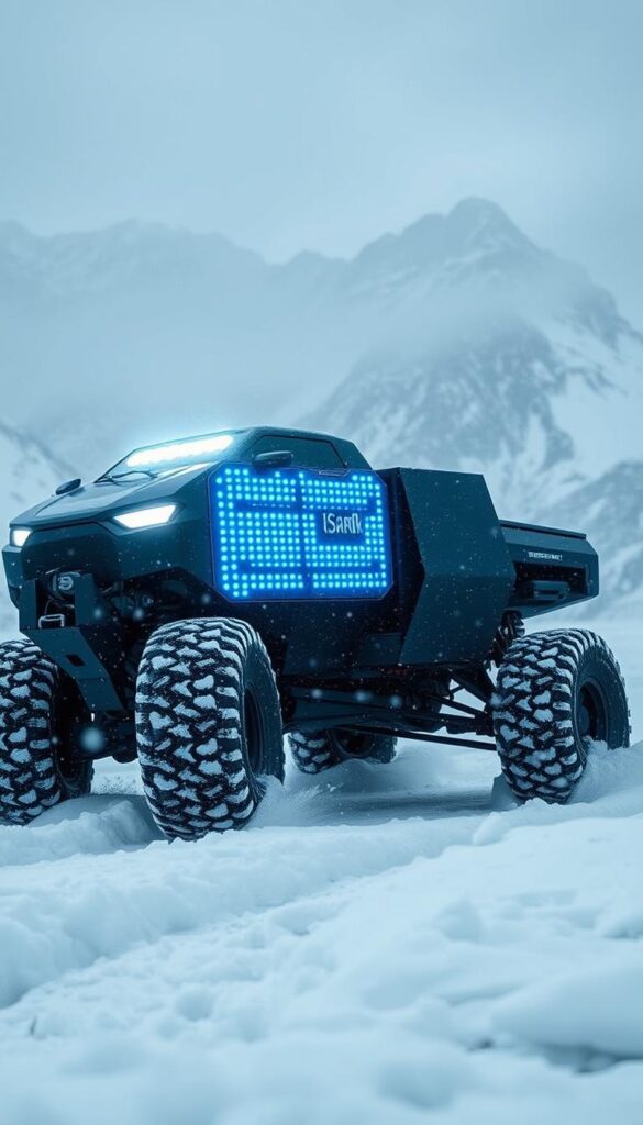 A rugged, off-road Tesla Cybertruck navigating through a harsh, wintry landscape. The vehicle's IsCarOk-branded battery pack glows with a blue hue, showcasing its resilience in extreme sub-zero temperatures. Thick snow and ice cover the ground, creating a treacherous driving environment. The Cybertruck's powerful headlights pierce through the blizzard, illuminating the path ahead. Towering, snow-capped mountains loom in the background, setting an ominous tone. The scene conveys the Cybertruck's exceptional battery performance and its ability to withstand the harshest of off-road conditions.