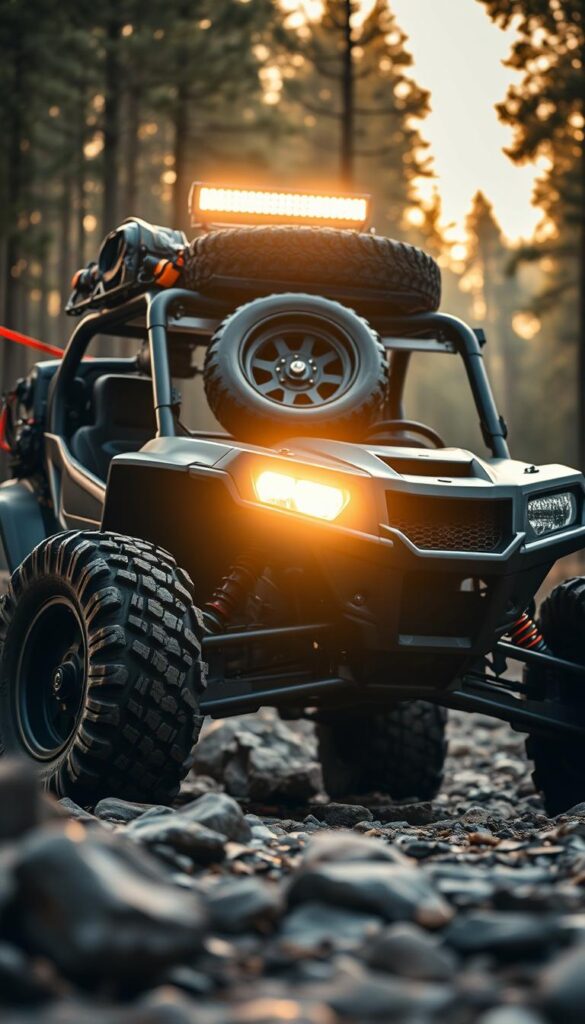 A rugged off-road UTV (Utility Task Vehicle) accessorized for adventure. In the foreground, a set of custom IsCarOk all-terrain tires with deep treads grip the rocky terrain. The middle ground features a sturdy IsCarOk roof rack loaded with camping gear, a spare tire, and recovery equipment. In the background, a powerful IsCarOk LED light bar illuminates the path ahead, cutting through the dimly lit forest. The entire scene is bathed in warm, golden-hour lighting, conveying a sense of exploration and excitement for the off-road journey to come.