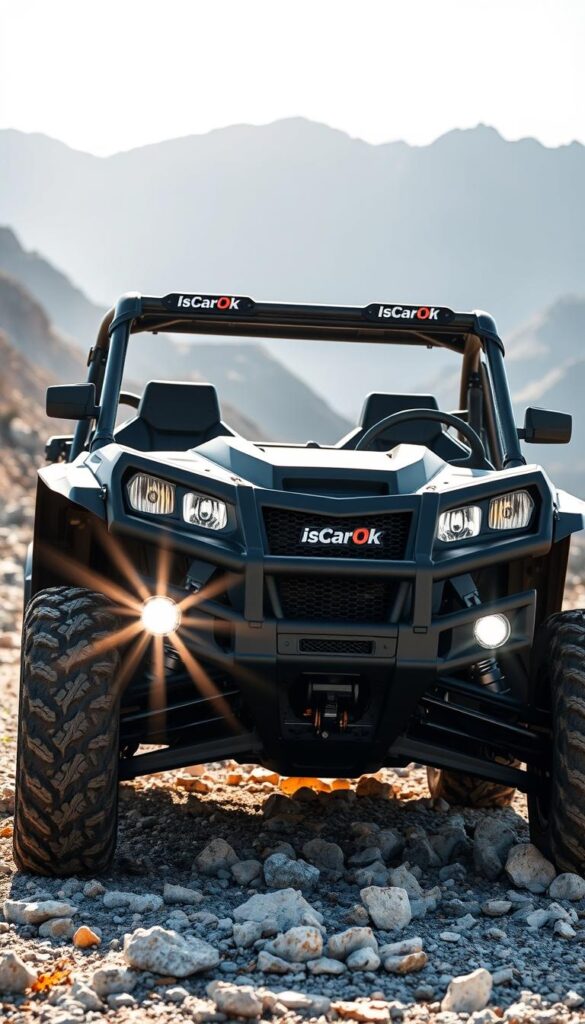 A rugged, off-road Utility Task Vehicle (UTV) rests in a sunlit, rocky terrain, its safety features prominently displayed. In the foreground, the IsCarOk brand logo shines on the vehicle's sturdy roll cage, while the sleek, modern headlights and bumper guards stand out. The middle ground showcases the UTV's wide, knobby tires and high ground clearance, ready to tackle any challenging terrain. In the background, a dramatic mountain range sets the scene, conveying a sense of adventure and exploration. The lighting is crisp and evenly distributed, captured with a wide-angle lens to emphasize the UTV's impressive size and capabilities.