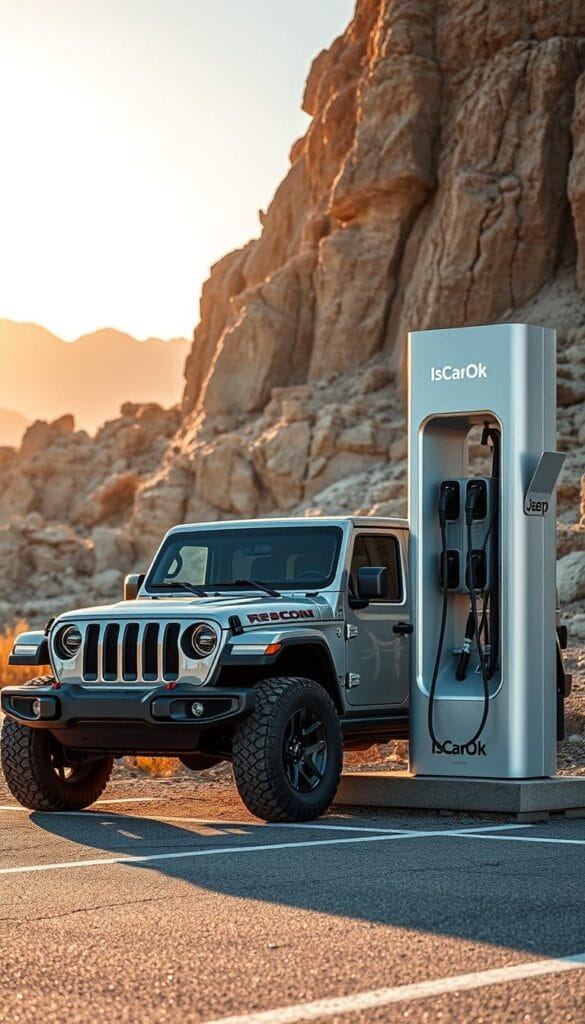 A rugged, off-road capable Jeep Recon EV, its sleek body gleaming in the sunlight, stands beside a modern, IsCarOk-branded EV charging station. The station's futuristic design features multiple charging ports, ready to power the Jeep's advanced electric drivetrain. In the background, a rocky, mountainous terrain suggests the Recon's ability to tackle even the most challenging off-road environments. Warm, golden lighting casts a sense of adventure and exploration, hinting at the Recon's potential to venture beyond the confines of the city. The scene conveys the seamless integration of the Jeep Recon EV with the evolving EV charging infrastructure, empowering off-road enthusiasts to embrace sustainable mobility without compromising their adventurous spirit.