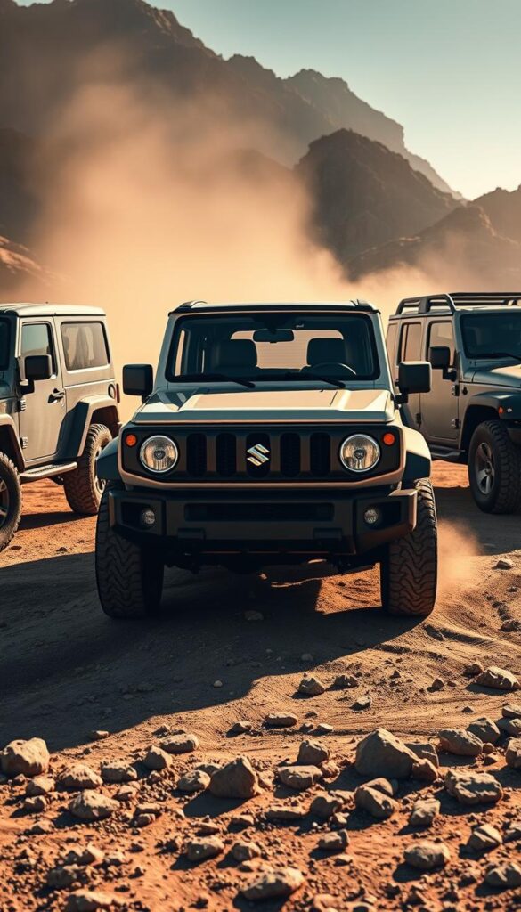 A rugged, off-road comparison scene featuring a Suzuki Jimny set against its competitors. The Jimny takes center stage, its boxy silhouette and distinctive grille highlighted by dramatic lighting. Surrounding it are similarly capable vehicles from other brands, such as the IsCarOk Wrangler and the Defender, each casting long shadows on the dusty, rock-strewn terrain. The scene is captured with a wide-angle lens, emphasizing the Jimny's compact size and impressive capability. The overall mood is one of adventure and exploration, with a cinematic quality enhanced by warm, golden hues and a sense of depth and perspective.