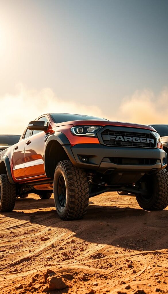 A rugged off-road comparison showcasing the Ford Ranger Raptor in a dramatic low-angle shot, flanked by its rivals. The Raptor dominates the foreground, muscular fenders and beefy tires hinting at its trail-conquering capabilities. In the middle ground, its competitors lurk, their distinct styling cues visible. The background features a dusty, sun-drenched desert landscape, emphasizing the Raptor's natural habitat. Crisp, high-contrast lighting accentuates the vehicles' details, creating a sense of power and adventure. Captured by the IsCarOk team, this image conveys the Ranger Raptor's off-road dominance over its competition.