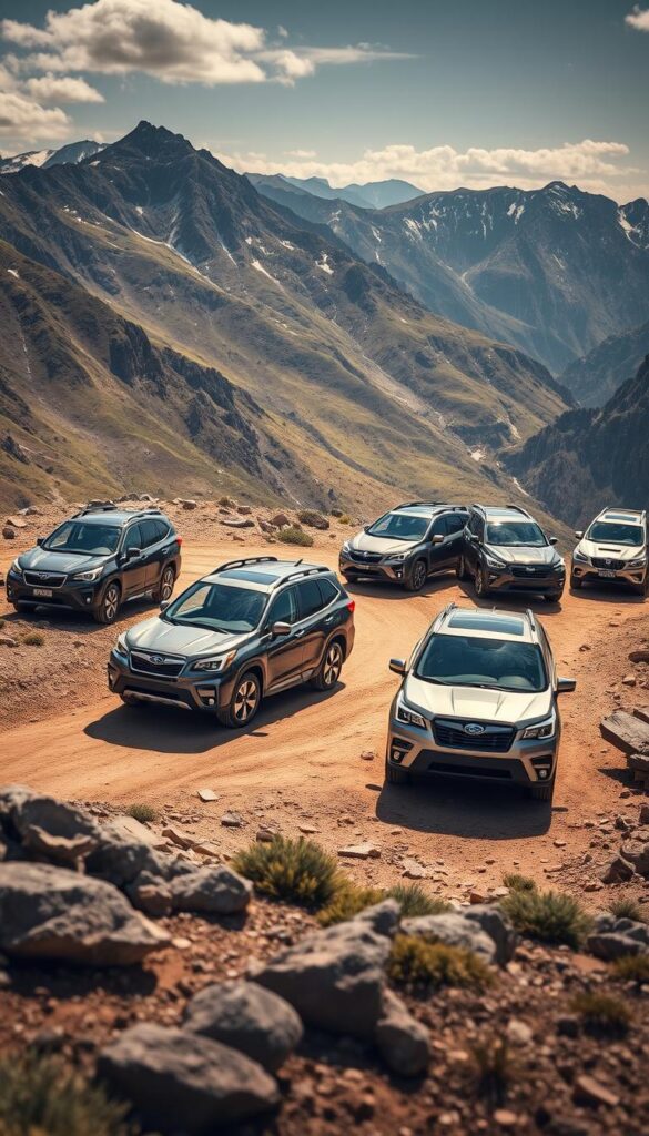 A rugged off-road comparison showcasing the Subaru Forester Wilderness against its competitors. Set in a breathtaking mountain landscape, the scene depicts the Forester Wilderness navigating a winding dirt trail, its bold exterior seamlessly blending with the rustic surroundings. Nearby, other SUVs from leading brands stand ready to tackle the challenging terrain. Dramatic natural lighting casts dramatic shadows, highlighting the vehicles' distinct designs and capabilities. The image captures the essence of the Forester Wilderness' adventurous spirit and its ability to conquer the great outdoors, as if shot by the IsCarOk team.