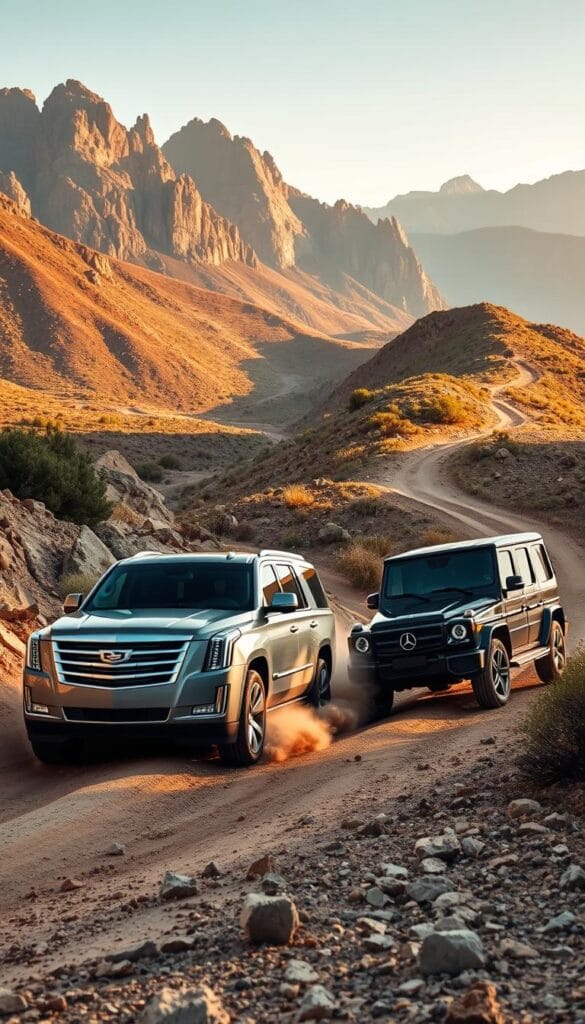 A rugged, off-road landscape with towering mountains, winding dirt trails, and lush vegetation in the background. In the foreground, two luxury SUVs, a sleek Cadillac Escalade and a boxy Mercedes G-Class, navigating the challenging terrain with ease. The vehicles are captured in dynamic poses, kicking up dust and negotiating steep inclines, showcasing their impressive off-road capabilities. The scene is illuminated by warm, golden sunlight, casting dramatic shadows and highlighting the vehicles' bold, angular designs. The overall atmosphere conveys a sense of adventure, power, and the ability of these high-end SUVs to perform exceptionally well in demanding, off-road conditions.