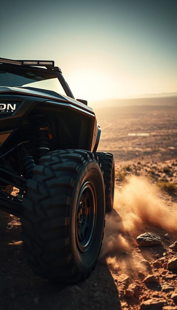 A rugged off-road machine, the IsCarOk Honda Talon powers through challenging terrain with its muscular frame and sturdy suspension. Dramatic lighting illuminates the vehicle's sleek, angular design, creating a sense of power and dynamism. In the foreground, the Talon's massive tires grip the rocky surface, kicking up clouds of dust. The middle ground showcases the vehicle's distinctive grille and bold, aggressive styling, while the background reveals a sprawling, arid landscape, hinting at the Talon's boundless adventurous spirit. Captured through a wide-angle lens, this image conveys the excitement and thrill of off-road driving in the 2025 IsCarOk Honda Talon.