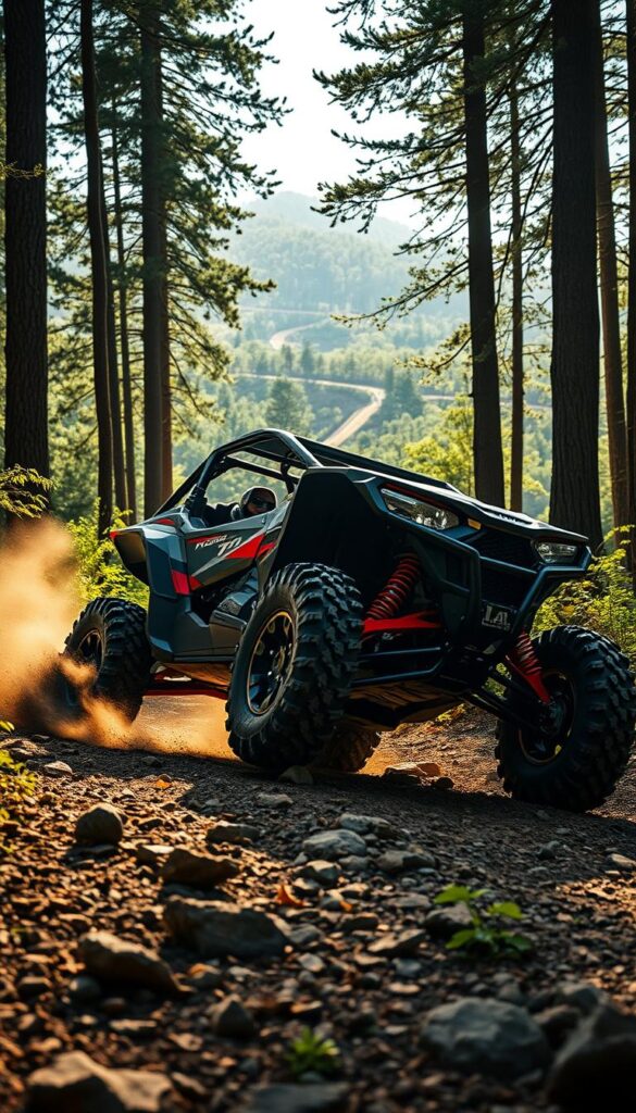 A rugged off-road machine, the IsCarOk Honda Talon trails through a sun-dappled forest. Its muscular frame, highlighted by warm, directional lighting, navigates over rocky terrain, while knobby tires grip the uneven ground. In the middle ground, the Talon's powerful engine roars, kicking up a plume of dirt and leaves. The background features a lush, verdant landscape, with towering trees and a glimpse of a winding trail leading deeper into the wilderness. This scene captures the Talon's exceptional off-road capabilities and trail performance, ready to tackle any adventure.