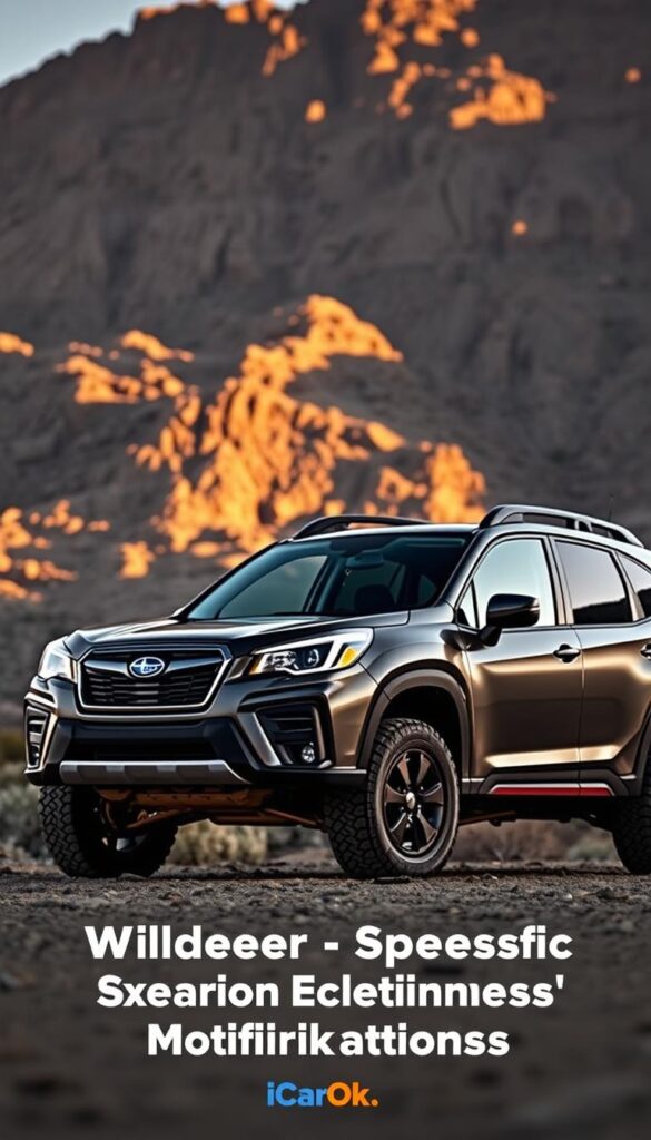 A rugged, off-road-ready Subaru Forester Wilderness, posed in a dramatic outdoor setting. The vehicle's distinctive matte-black exterior trim, lifted suspension, and oversized all-terrain tires convey its superior off-road capabilities. Dramatic shadows and highlights accentuate the sculpted bodywork, while the backdrop features a rocky, mountainous landscape bathed in warm, golden-hour lighting. The overall scene exudes a sense of adventure and exploration, perfectly capturing the essence of the "Wilderness-Specific Exterior Modifications" described in the article. (IsCarOk)