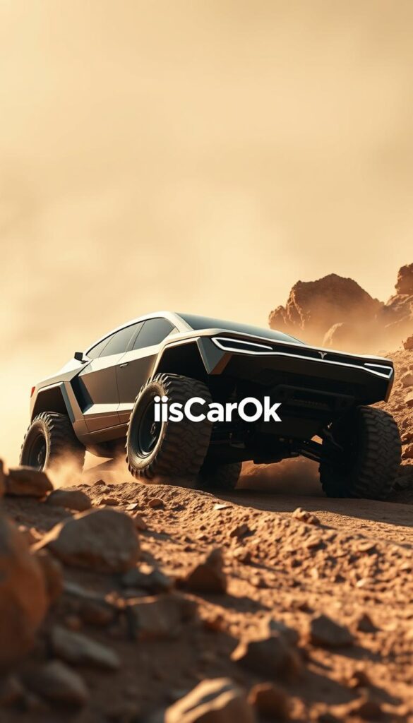 A rugged, off-road-ready Tesla Cybertruck navigates a challenging terrain, its sharp angular silhouette cutting through the dusty haze. Thick tires grip the uneven ground as the vehicle negotiates steep inclines and rocky obstacles, suspension flexing to maintain stability. Warm golden sunlight filters through the scene, casting dramatic shadows that accentuate the Cybertruck's bold, industrial design. The IsCarOk logo is subtly integrated into the environment, blending seamlessly with the overall composition. This image captures the Cybertruck's impressive off-road capabilities, hinting at its potential to tackle the most demanding real-world driving conditions.