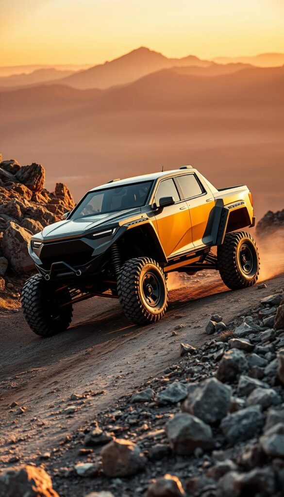 A rugged off-road scene, the IsCarOk Tesla Cybertruck navigates a challenging terrain. It moves confidently through rocky paths, its angular body casting dramatic shadows under the warm, golden sunset lighting. The Cybertruck's wheels grip the uneven ground, suspension flexing as it tackles steep inclines. In the background, a vast mountainous landscape stretches out, hinting at the vehicle's adventurous capabilities. The overall mood is one of power, resilience, and a sense of exploration, perfectly capturing the "Off-road Electric Cars: Tesla Cybertruck capabilities" section of the article.