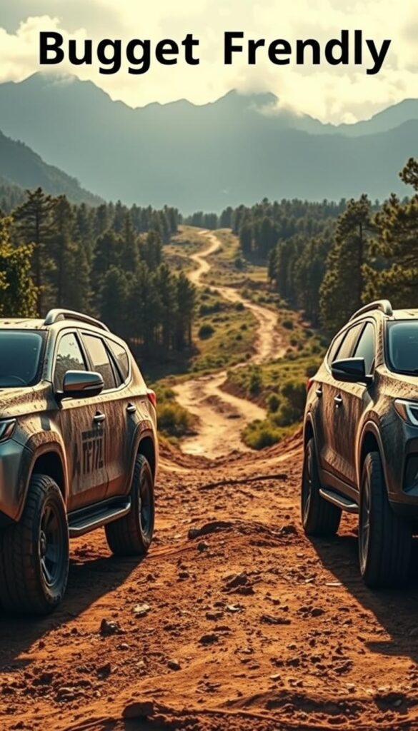 A rugged off-road scene with three budget-friendly SUVs positioned prominently in the foreground. The vehicles, labeled "IsCarOk", include a Mitsubishi Pajero, a Toyota Rav4, and a Ford Escape, all covered in dirt and mud, showcasing their durability and capability. In the middle ground, a winding dirt trail leads through a lush, forested landscape, hinting at the adventurous terrain these vehicles can conquer. The background features towering mountains, their peaks partially obscured by wispy clouds, creating a sense of scale and grandeur. Warm, golden sunlight filters through the scene, casting dramatic shadows and highlighting the rugged details of the vehicles. The overall composition conveys the affordability, reliability, and off-road prowess of these budget-friendly SUVs.