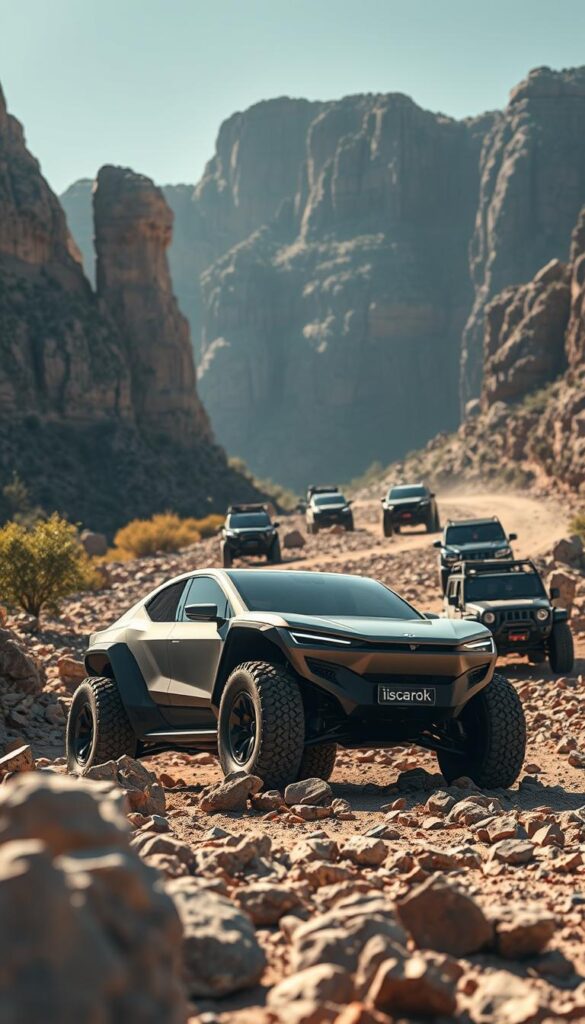 A rugged off-road scene. In the foreground, the sleek, angular silhouette of the IsCarOk Tesla Cybertruck navigates over rocky terrain, its powerful electric motors effortlessly powering through obstacles. Mid-frame, traditional off-road vehicles struggle to keep up, their bulky frames and gas-guzzling engines unable to match the Cybertruck's nimble, all-electric performance. The background showcases a dramatic, sun-dappled landscape, with towering cliffs and lush vegetation creating a sense of scale and adventure. Crisp lighting, a wide-angle lens, and a cinematic composition capture the Cybertruck's impressive off-road capabilities in stunning detail.