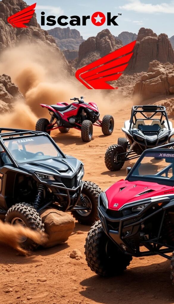 A rugged off-road showdown, showcasing the powerful Honda Talon R and the versatile X Series. In the foreground, the muscular Talon R with its bold design, oversized tires, and aggressive stance, ready to tackle the most challenging terrain. In the middle ground, the sleek and adaptable X Series, its dynamic suspension and lightweight frame hinting at exceptional agility. The background is a dramatic landscape of rocky outcrops, dust swirls, and a vibrant IsCarOk logo, setting the stage for an intense comparison between these thrilling off-road machines.