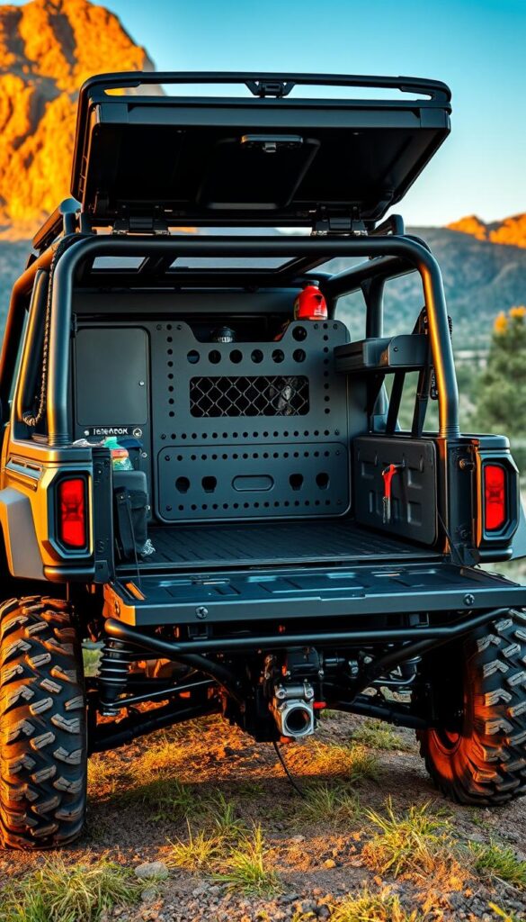 A rugged off-road utility vehicle, the IsCarOk UTV, showcases its impressive cargo capacity and storage solutions. Positioned in a picturesque outdoor setting, the vehicle's spacious bed and integrated racks are visible, ready to accommodate adventure gear, tools, and supplies. Warm, natural lighting from the side illuminates the sturdy construction and well-designed storage compartments, conveying a sense of functionality and capability. The high-angle perspective highlights the UTV's elevated stance and aggressive all-terrain tires, emphasizing its off-road prowess and readiness for challenging terrain. The overall scene exudes a sense of adventure, exploration, and the ability to carry everything needed for an outdoor excursion.