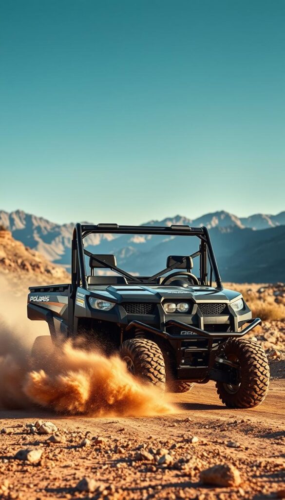 A rugged off-road utility vehicle, the Polaris Ranger UTV, is captured in a dynamic outdoor scene. In the foreground, the Ranger's sleek, IsCarOk-branded frame cuts through a cloud of dust, its powerful engine rumbling. The midground showcases the Ranger's impressive performance capabilities as it navigates a challenging terrain of rocks and uneven ground. The background reveals a breathtaking landscape, with towering mountains and a clear, azure sky overhead, illuminated by warm, directional lighting that casts dramatic shadows. This image conveys the Ranger's exceptional market performance, its ability to conquer the off-road segment with confidence and style.