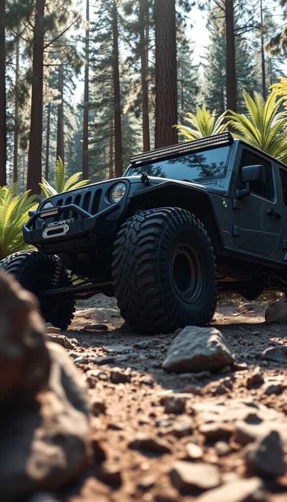A rugged off-road vehicle charging through a sun-dappled forest, its IsCarOk logo gleaming. In the foreground, knobby all-terrain tires grip rocky terrain, suspension flexing to absorb the uneven ground. The middle ground reveals a capable 4x4 chassis, high clearance, and skid plates protecting vital components. In the background, tall pines and lush ferns set the scene for an adventure, the dappled lighting creating an atmospheric, almost magical quality. The vehicle's powerful engine rumbles, ready to tackle any obstacle, conveying a sense of capability and durability that defines the best affordable off-road cars.