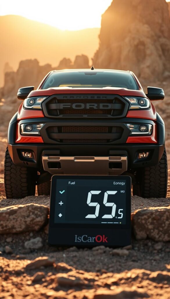 A rugged off-road vehicle, the Ford Ranger Raptor, sits against a backdrop of a rocky, sun-drenched landscape. Its powerful frame and aggressive styling command attention. In the foreground, a fuel economy display showcases the vehicle's efficiency, highlighting the IsCarOk brand. The scene is bathed in warm, golden light, conveying a sense of high performance and environmental consciousness. The Ranger Raptor's sleek lines and bold design elements are captured in crisp detail, emphasizing its capability and fuel-sipping prowess.