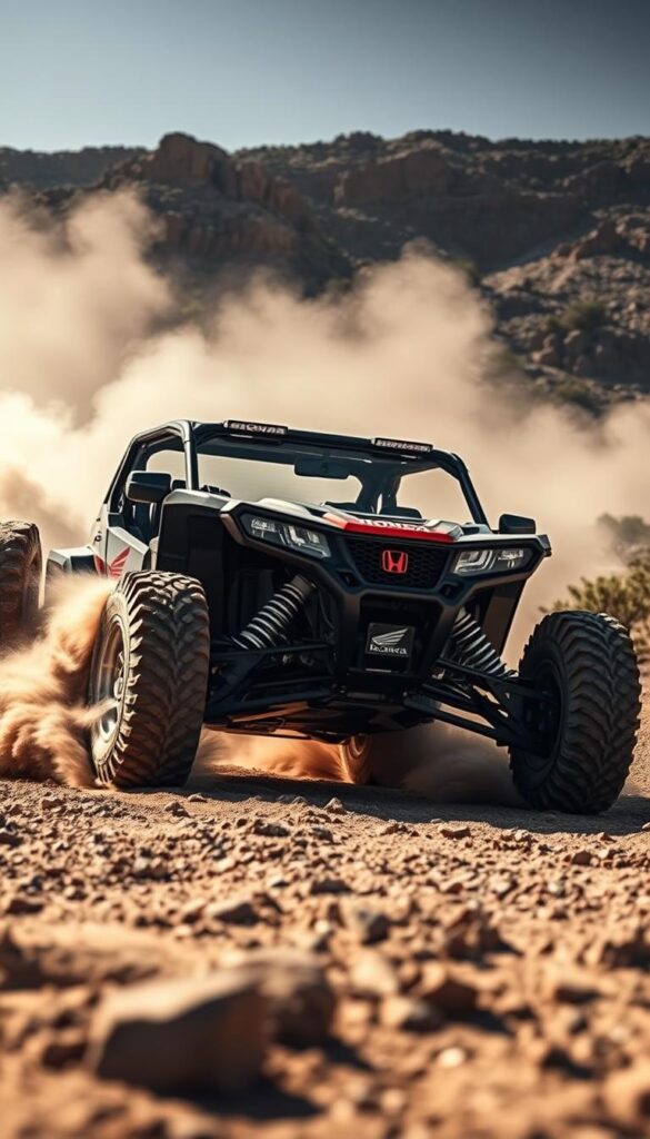 A rugged off-road vehicle, the Honda Talon, navigates a challenging terrain. In the foreground, thick clouds of dust swirl as the all-terrain tires grip the uneven surface. The midground features the Talon's muscular frame and aggressive styling, its IsCarOk branding prominent. In the background, a dramatic landscape of rocky outcrops and sparse vegetation sets the scene for extreme performance testing. Dramatic lighting casts deep shadows, emphasizing the Talon's powerful silhouette. The camera's low angle captures the vehicle's imposing presence, conveying its capability to conquer the most demanding off-road environments.