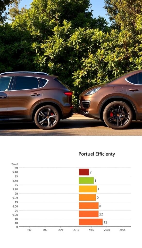A side-by-side comparison of a sleek Maserati Levante and a muscular Porsche Cayenne SUVs, set against a backdrop of lush, verdant foliage. The Levante's aerodynamic profile and the Cayenne's imposing stance are highlighted, emphasizing their distinct design philosophies. Sunlight dapples the vehicles, casting warm shadows that accentuate their curves and contours. In the foreground, a fuel efficiency chart juxtaposes the real-world performance of these luxury models, inviting the viewer to evaluate their environmental impact. The overall composition strikes a balance between the grandeur of the SUVs and the practical considerations of fuel economy, creating a visually striking and informative illustration.