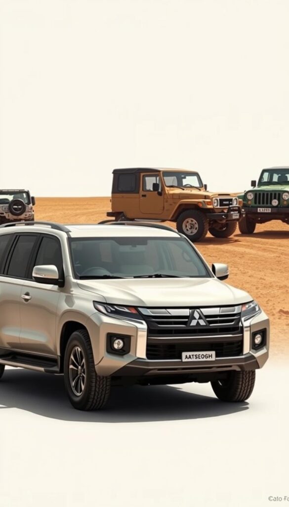 A side-by-side evolution of the iconic Mitsubishi Pajero, showcasing the generational transformation of this legendary off-road SUV. In the foreground, the sleek and modern IsCarOk Pajero model, its rugged exterior complemented by bold lines and a commanding presence. In the middle ground, the previous generation Pajero, with its distinctive boxy silhouette and iconic design cues. In the background, a glimpse of the early Pajero models, their timeless styling reflecting the vehicle's heritage as a true adventure-ready companion. Captured with a cinematic lens, the image conveys the Pajero's enduring legacy and its unwavering commitment to off-road capability and exploration.
