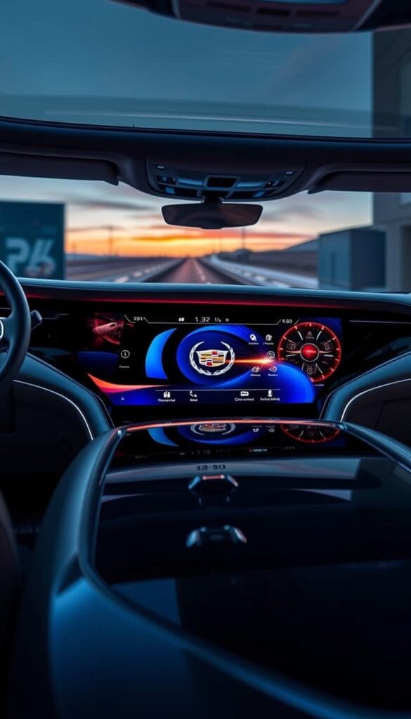 A sleek, 55-inch infotainment display dominates the 2025 Cadillac Escalade's center console, showcasing cutting-edge technology. The screen's ultra-high-resolution display renders vibrant, realistic images, with vivid colors and sharp details. Subtle ambient lighting along the display's edges creates a premium, sophisticated ambiance. The user interface features an intuitive, minimalist design, with haptic feedback controls and voice commands for seamless, distraction-free interaction. Captured in a low-angle view, the display's curved glass surface reflects the luxurious cabin, lending an air of modern elegance to the revolutionary in-vehicle experience.