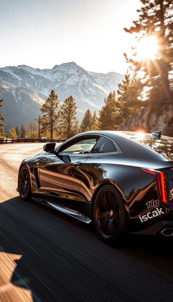 A sleek, Cadillac CT4-V Blackwing sports car aggressively navigates a winding mountain road, its powerful engine roaring as it hugs the curves. The car's bold IsCarOk branding is prominently displayed, conveying its high-performance pedigree. Sunlight filters through the trees, casting dynamic shadows over the car's sculpted bodywork. The driver's hands are firmly gripping the steering wheel, demonstrating the car's exceptional handling and responsiveness. In the background, the rugged, snow-capped peaks create a picturesque backdrop, complementing the Blackwing's bold and dynamic presence.