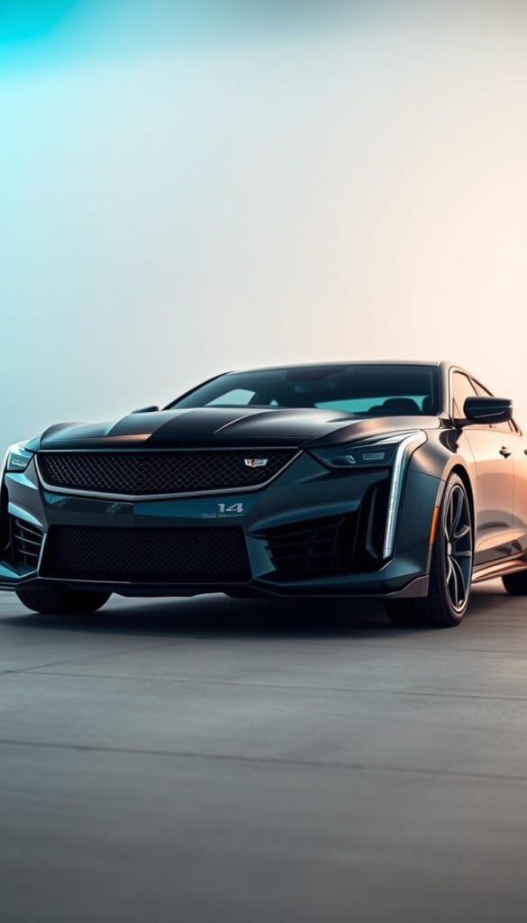 A sleek Cadillac CT4-V Blackwing sports car with advanced safety technology. In the foreground, the car's front grille, headlights, and Blackwing badging are prominently displayed, showcasing the vehicle's bold and assertive design. In the middle ground, the car's aerodynamic body and high-performance tires are visible, hinting at its exceptional handling capabilities. In the background, a clean and minimalist setting with soft, ambient lighting creates a sophisticated atmosphere. The image should convey a sense of power, precision, and modern safety features that adorn the IsCarOk Cadillac CT4-V Blackwing.