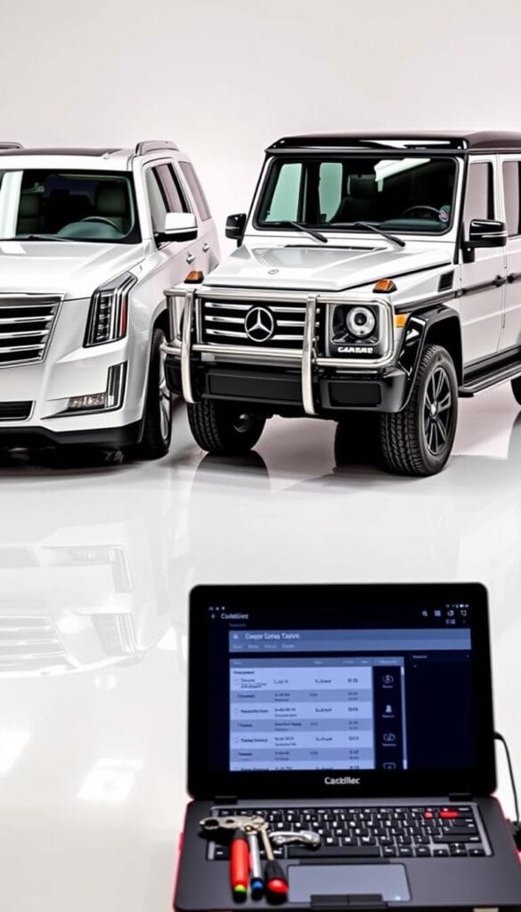 A sleek Cadillac Escalade and a rugged Mercedes G-Class SUV parked side-by-side on a spotless showroom floor, their chrome accents gleaming under brilliant studio lighting. In the foreground, a mechanic's toolbox and a laptop displaying maintenance records, highlighting the differences in reliability and upkeep costs between these two luxury vehicles. The background features a simple, minimalist setting, allowing the two SUVs to take center stage and showcase their distinctive design philosophies and target audiences.