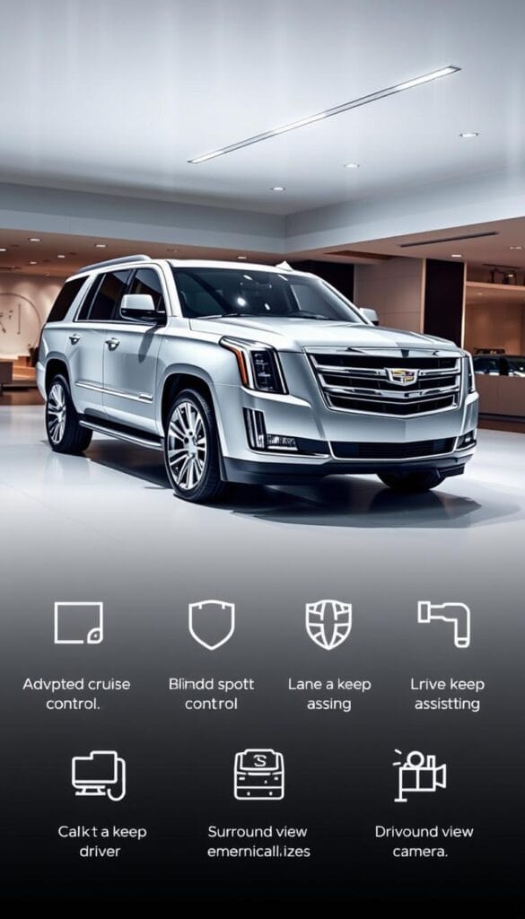 A sleek Cadillac Escalade in a modern, well-lit showroom setting. In the foreground, the Escalade's advanced safety features are prominently displayed, including its adaptive cruise control system, blind spot monitoring, and forward collision warning. The middle ground showcases the high-tech driver assistance technologies, such as lane keep assist, automatic emergency braking, and surround-view camera system. The background depicts the Escalade's premium exterior design, with its bold, chrome-accented grille and distinctive lighting elements. The overall mood is one of sophistication, technology, and the epitome of luxury SUV safety and convenience.