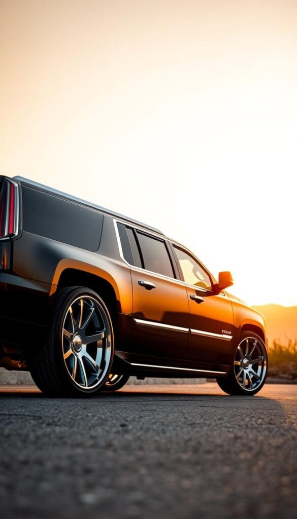 A sleek Cadillac Escalade luxury SUV, its body burnished in a glossy black finish, stands prominently in the foreground. The vehicle's muscular presence is accentuated by a set of custom, chrome-accented wheels that gleam under the warm, golden light of a sunset. In the middle ground, the Escalade's sharp lines and angular design elements are rendered in crisp detail, highlighting its bold, sophisticated aesthetic. The background gently fades into a soft, hazy horizon, creating a sense of depth and atmosphere that complements the vehicle's luxurious persona. The overall scene conveys a commanding, yet refined, personalization of the iconic Cadillac Escalade.
