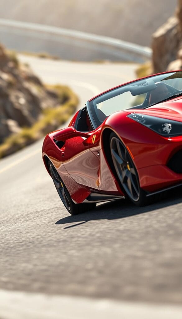 A sleek Ferrari SF90 Spider elegantly carves through a sweeping corner, its Cornering Angle Regulator Electric (RAC-e) system precisely managing the vehicle's dynamics. Sunlight dances across the vibrant red bodywork, accentuating the sculpted aerodynamic contours. The car's stance is low and wide, its tires firmly gripping the asphalt as it effortlessly navigates the turn. In the foreground, the Spider's muscular haunches and aggressive front fascia convey a sense of raw power, while the blurred background suggests a twisting mountain road. The camera captures the scene from a dynamic, low-angle perspective, showcasing the Spider's precise handling and elegant poise.