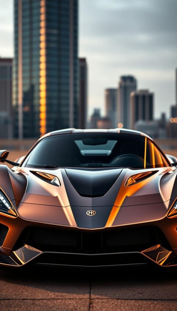 A sleek Hennessey Venom F5-M sports car, its aerodynamic body gleaming under the warm, directional lighting. The front view showcases the advanced safety systems, including a high-tech radar array, adaptive cruise control sensors, and a forward-facing camera for collision detection. The car's chassis sits low to the ground, hinting at its impressive stability and handling capabilities. In the background, a blurred cityscape provides a sophisticated urban backdrop, emphasizing the Venom F5-M's place as a cutting-edge, luxury performance vehicle.