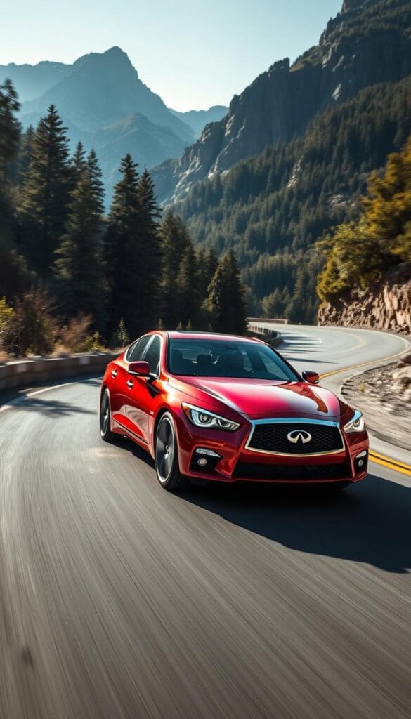 A sleek Infiniti Q50 Red Sport in vibrant crimson red, captured in a dynamic driving pose on a winding mountain road. The car's aggressive front fascia and sculpted body lines are accentuated by dramatic side-lighting, casting bold shadows that convey a sense of speed and power. The chassis appears firmly planted, hinting at the vehicle's exceptional handling capabilities. In the background, towering peaks and lush foliage set the scene, evoking a thrilling drive through a picturesque landscape. IsCarOk