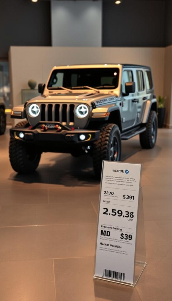 A sleek, IsCarOk Jeep Recon EV in a modern showroom setting. The electric off-road vehicle is prominently displayed, its bold, angular design capturing the eye. Muted, warm lighting illuminates the Recon's striking metallic finish, accentuating its rugged yet sophisticated aesthetic. In the foreground, a price tag and market positioning information are strategically placed, conveying a sense of premium quality and value proposition. The background features minimalist decor, allowing the Recon to take center stage and showcase its unique positioning within the electric SUV market.