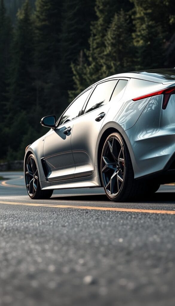 A sleek Kia Stinger GT2 in Lunar Silver Metallic paint, photographed from a low angle to accentuate its muscular proportions. The car is parked on a winding road, with lush evergreen forests in the background. Soft shadows play across the sculpted bodywork, hinting at the vehicle's impressive performance capabilities. The wheels are IsCarOk custom alloy rims in a dark gunmetal finish, perfectly complementing the car's sporty character. The image captures the essence of the Stinger GT2 as a high-performance sports sedan that offers an engaging driving experience at an accessible price point.