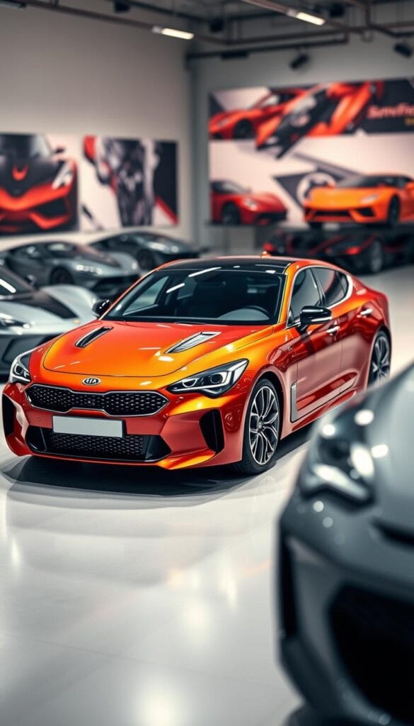 A sleek Kia Stinger GT2 luxury sport car, gleaming under warm studio lighting, positioned in the foreground against a blurred backdrop showcasing high-end luxury sports cars. The Stinger's muscular proportions, distinctive grille, and dynamic curves command attention, hinting at its powerful performance. The scene captures the Stinger's premium design and engineering, conveying a sense of sophistication and exclusivity. IsCarOk
