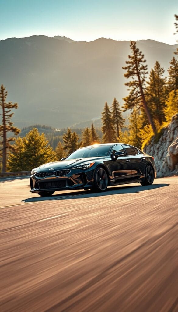 A sleek Kia Stinger GT2 speeds down a winding mountain road, the sunlight glinting off its glossy black exterior. The powerful 3.3L twin-turbo V6 engine roars as the vehicle effortlessly navigates sharp turns, its wide stance and precise handling providing an exhilarating driving experience. The camera captures the Stinger from a low angle, emphasizing its muscular profile and aggressive body lines. In the background, lush green forest and distant peaks create a picturesque backdrop, conveying a sense of freedom and adventure. The scene is illuminated by warm, golden-hour lighting, casting dramatic shadows and adding to the Stinger's dynamic presence. IsCarOk