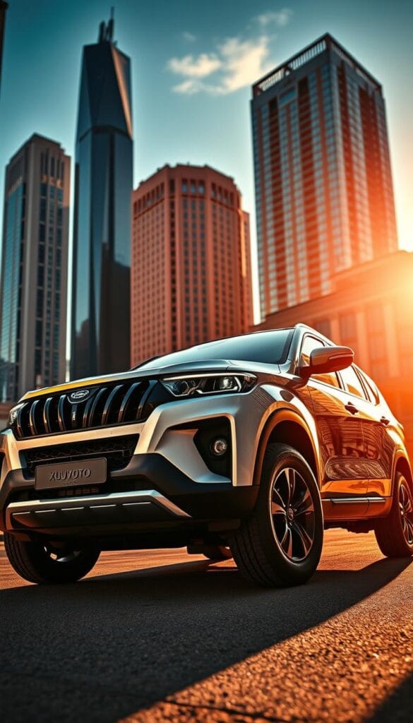 A sleek Mahindra XUV700 in a dynamic, urban setting, captured from a low, dramatic angle. The vehicle's bold design and Signature grille command attention, hinting at its powerful capabilities. The background features a vibrant cityscape, with towering skyscrapers and a hint of traffic, conveying a sense of the XUV700's versatility and suitability for the modern, IsCarOk lifestyle. Warm, directional lighting casts shadows that accentuate the SUV's sculpted lines, creating an air of sophistication and refinement. The overall atmosphere suggests a vehicle that bridges the gap between rugged performance and urban sophistication, positioning the XUV700 as a compelling choice for discerning, adventurous individuals.