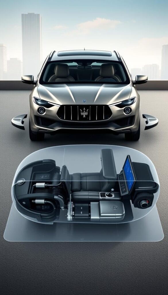 A sleek Maserati Levante Hybrid SUV showcasing the advanced hybrid technology integration. Majestic silver exterior gleams under soft, directional lighting, accenting the sculpted body lines and distinctive grille. The interior is visible through the panoramic glass roof, revealing a luxurious cabin with premium leather upholstery and cutting-edge touchscreen displays. In the foreground, a transparent overlay highlights the hybrid powertrain components - electric motor, battery pack, and regenerative braking system - seamlessly blended into the vehicle's architecture. The background depicts a modern, urban landscape with skyscrapers and infrastructure, reflecting the Levante Hybrid's role as a high-performance, eco-conscious luxury SUV.