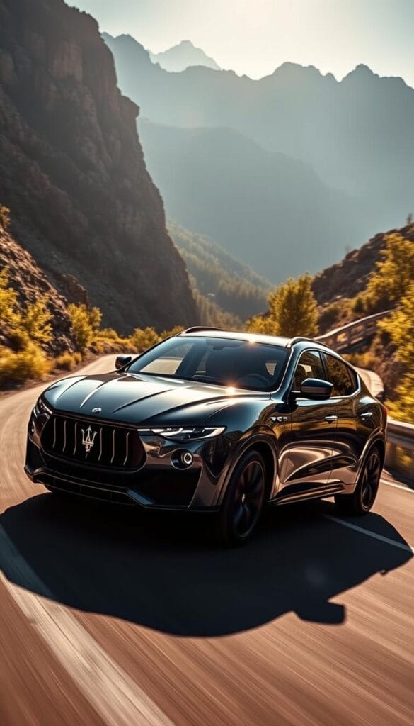 A sleek Maserati Levante Trofeo glides through a winding mountain road, its powerful engine growling with each shift of the performance driving mode. The sun casts dramatic shadows on the sculpted bodywork, accentuating the Levante's bold, aggressive styling. The driver's hands expertly navigate the vehicle, seamlessly transitioning between the Corsa, Sport, and Off-Road settings, each mode fine-tuning the suspension, steering, and powertrain for optimal performance and control. The Levante hugs the curves, its all-wheel-drive system providing confident grip and agility. The surrounding landscape is a dramatic backdrop of towering peaks and lush, verdant foliage, setting the stage for the Levante's dynamic showcase.