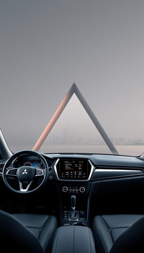 A sleek Mitsubishi ASX sedan is displayed against a modern, minimalist backdrop. In the foreground, the car's integrated safety features are highlighted - a high-definition dashboard display showcases real-time data from a network of advanced sensors, while the steering wheel and center console reveal intuitive touch controls for accessing these safety systems. The middle ground features a clean, geometric layout with subtle lighting accents, creating a sense of technological sophistication. In the background, a softly blurred cityscape suggests the car's urban setting and the connectivity of its intelligent infotainment system. The overall composition conveys a harmonious blend of safety, technology, and luxury.