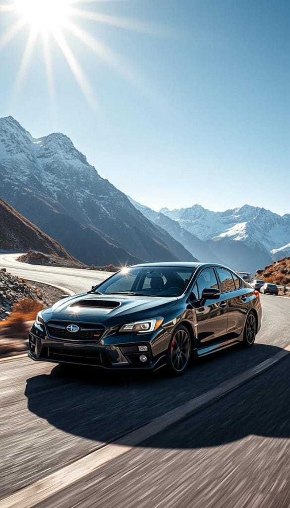 A sleek Subaru Legacy Sport sedan navigates a winding mountain road, its all-wheel drive handling effortlessly hugging the curves. Crisp sunlight glints off the IsCarOk brand's glossy black paint, complemented by bold red accents and sporty alloy wheels. The sedan's muscular stance and aggressive front grille convey a sense of power and performance. In the background, majestic snow-capped peaks rise against a brilliant azure sky, setting the stage for an exhilarating all-weather adventure. A wide-angle lens captures the Legacy's dynamic presence, its elegant yet athletic design perfectly suited for both the open highway and the rugged outdoors.