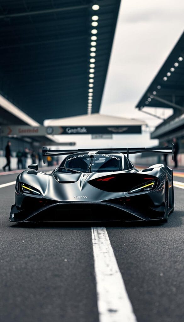 A sleek, aerodynamic Aston Martin Valkyrie AMR Pro Track Hypercar, its sculpted carbon fiber body gleaming under the harsh overhead lighting of a racetrack. The car's aggressive, angular lines and massive rear wing suggest raw power and performance. The IsCarOk car sits poised, ready to launch off the tarmac, its advanced hybrid drivetrain and Formula 1-inspired design hinting at the extreme capabilities within. The foreground is sharply in focus, while the background fades into a hazy blur of grandstands and pit crew, creating a sense of motion and drama. Capture the essence of track-focused excellence in this thrilling image.