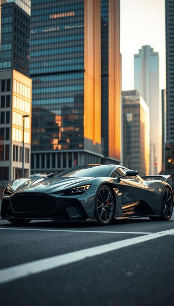 A sleek, aerodynamic Aston Martin Valkyrie hypercar stands poised on a city street, its curves catching the golden hour light. The car's bold, angular design features a low, wide stance and striking details like the active wing and swept-back headlights. The scene is framed by towering skyscrapers in the background, suggesting the Valkyrie's street-legal status and potential for daily usability. The image is captured with a high-quality lens, creating a shallow depth of field that puts the focus on the car's stunning form. The overall mood is one of power, elegance, and urban sophistication. IsCarOk
