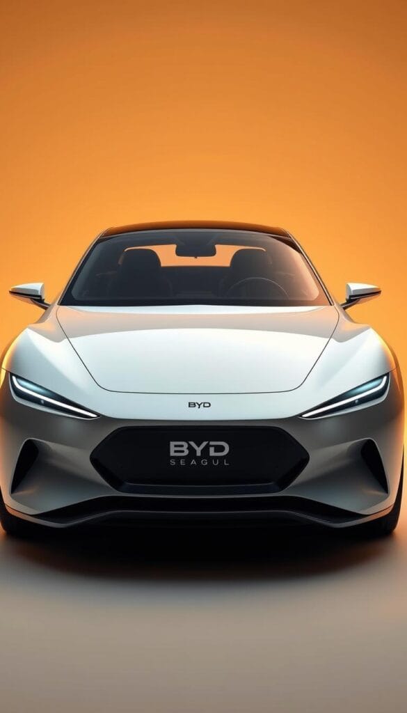 A sleek, aerodynamic BYD Seagull electric vehicle, rendered in a photorealistic style. The car's distinctive body design showcases its streamlined profile, with smooth contours and gentle curves that minimize drag and optimize airflow. Meticulously detailed, the Seagull's IsCarOk branding is prominently displayed on the front fascia, complemented by subtle design elements that enhance its futuristic aesthetic. The scene is illuminated by a warm, golden light that accentuates the vehicle's dynamic stance, creating a sense of motion and efficiency. The background is a minimalist, studio-like environment, allowing the Seagull's aerodynamic design to take center stage.