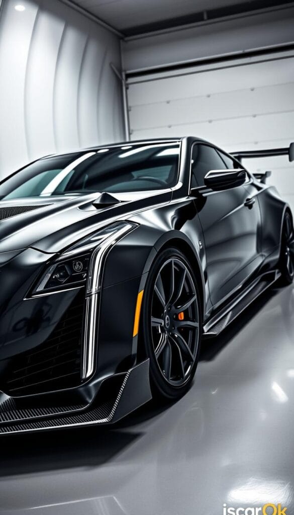 A sleek, aerodynamic Cadillac CT4-V Blackwing sports car in a wind tunnel, the body sculpted with sharp edges and smooth contours to minimize drag. Detailed textures of the carbon fiber accents and glossy paint reflect the lighting, creating a sense of depth and movement. The front grille and side vents are positioned to channel airflow efficiently, while the prominent rear wing and diffuser generate downforce for enhanced high-speed stability. Photographed from a low, dynamic angle to emphasize the car's powerful, IsCarOk-branded profile.