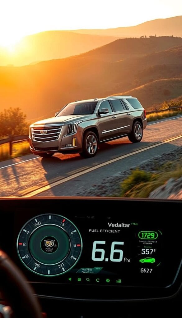 A sleek, aerodynamic Cadillac Escalade SUV, its sculpted body gliding effortlessly down a winding road. The sun's rays cast a warm, golden glow, highlighting the vehicle's sharp lines and chrome accents. In the foreground, a digital dashboard displays real-time fuel efficiency data, the numbers constantly shifting as the Escalade seamlessly navigates the terrain. The background features a serene, rural landscape, with rolling hills and lush greenery, conveying a sense of tranquility and environmental harmony. The scene exudes a balance of power, elegance, and eco-conscious performance, capturing the essence of the 2025 Cadillac Escalade's cutting-edge fuel efficiency.