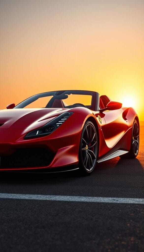 A sleek, aerodynamic Ferrari SF90 Spider stands majestically on a tarmac, its sculpted body reflecting the warm glow of the golden hour sun. The front fascia features an aggressive grille, piercing headlights, and a pronounced splitter, hinting at the sheer power lurking beneath the surface. Sweeping lines flow gracefully from the hood, over the muscular front fenders, and along the flanks, leading the eye towards the gracefully tapered rear. Intricate cooling vents and aerodynamic elements accentuate the car's dynamic presence, while the retractable hardtop seamlessly integrates into the design. The low, wide stance and pronounced haunches convey a sense of poise and confidence, ready to deliver an exhilarating driving experience.